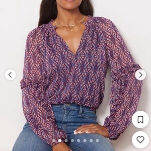 Evereve Burgundy Blue Red and Gold Metallic Blouse Sheer Balloon Sleeve